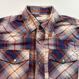Parts Western Snap Shirt Mens Small Blue Orange Plaid Pearl Snap Long Sleeve